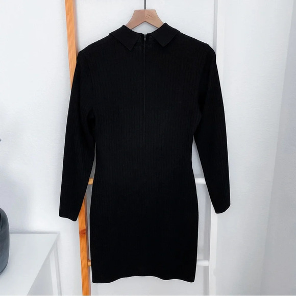 St. John Point Collar Ribbed Mini Dress Long Sleeve Black Wednesday Addams - Picture 2 of 11